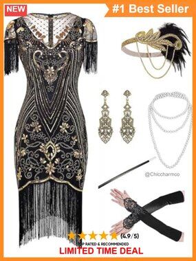 Plus Size 1920s Flapper Sequin Fringe Midi Dress with Accessories